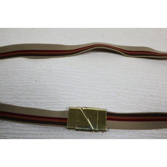 VINTAGE WOMEN'S BROWN STRIPED ELASTIC BELT - GOLD TONE CLASP - ADJUSTABLE - Picture 3 of 9